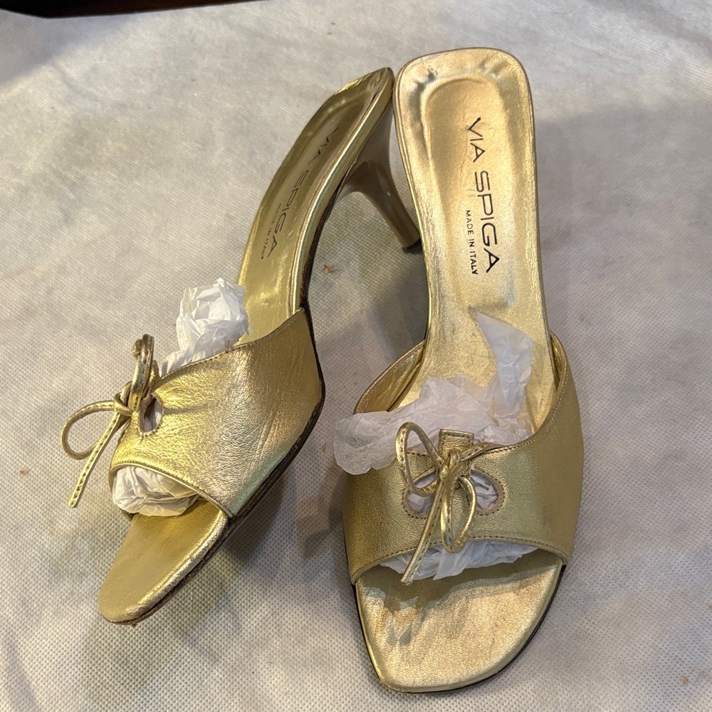 Via Spiga Metallic Leather Gold Slip-on Sandals Heels